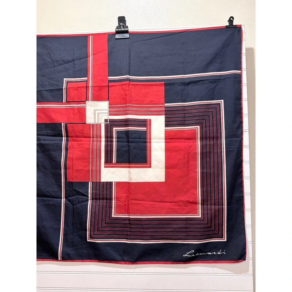 Leonardi Scarf Navy Blue Red White Geometric Square Vintage 30x30